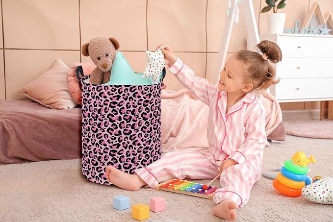 Essme Kids Laundry Basket,Pink Hamper Collapsible Canvas Waterproof Storage Bin for Girls, Leopard Print Hamper,Gift Baskets(Pink Leopard Print)