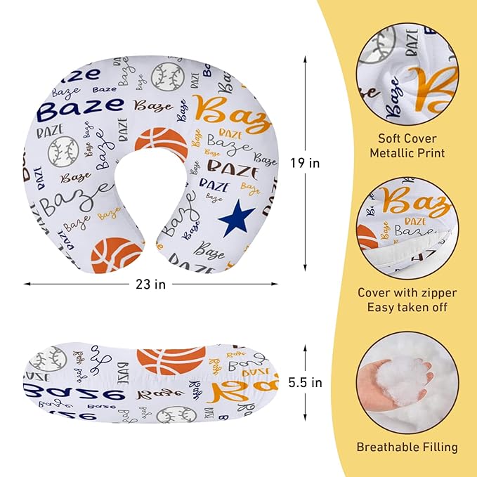 Rucekia Baby Nursing Pillow Cover - Personalized Name Multiball Theme Breastfeeding U-Shaped for Bottle Feeding, Ultra Soft Comfortable Breastfeeding Pillow Cover for Infant Baby Boys and Girls