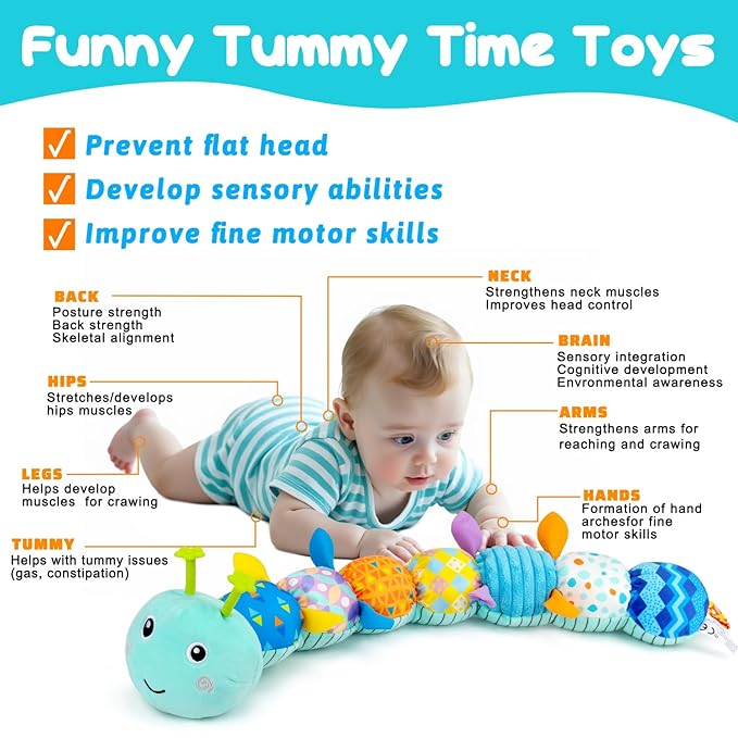 Topsochir Baby Tummy Time Toys 0-6 Month Musical Stuffed Animal Plush Caterpillar Toy for Infant 6-12 Month Teething Sensory Toy with Crinkle Rattle for Babies 0-3-6 Month Newborn Boy Girl