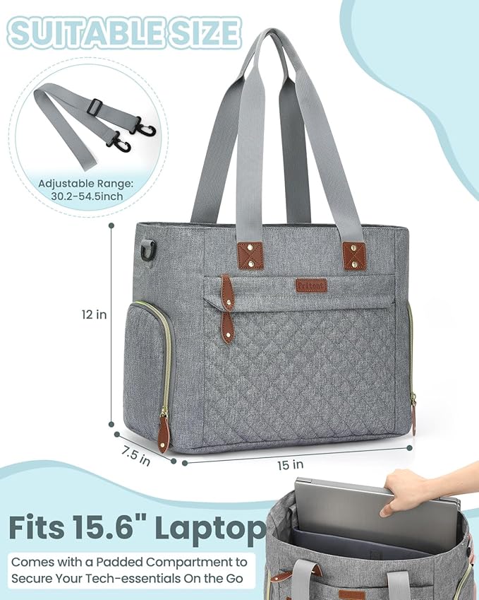 Diaper Bag Tote for Working Mom, Large Travel Diaper Tote for Mom and Dad with 14 Inch Laptop Sleeve, Mommy Maternity Travel Baby Bag for Boys and Girls, Grey