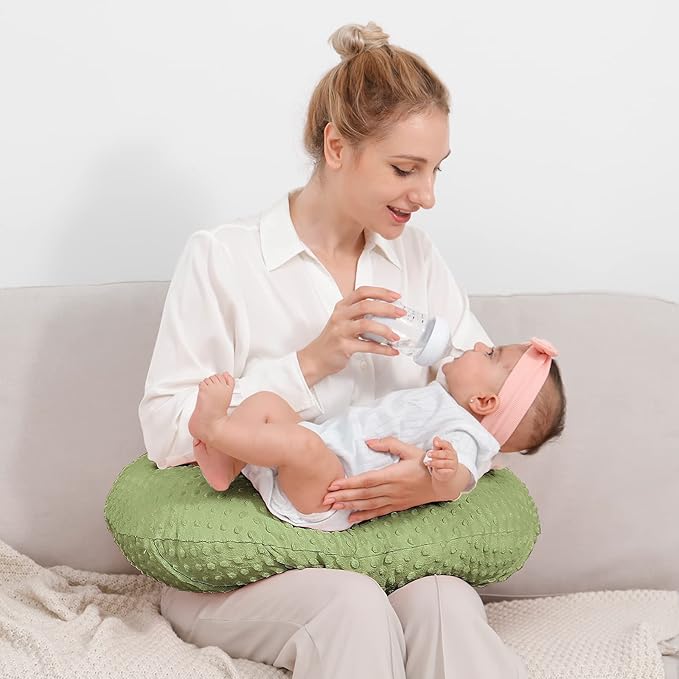 QUENESS Nursing Pillow and Positioner, Breastfeeding, Bottle Feeding, Baby Sitting Support with Removable Ultra Soft Cover, Tummy Time Support for Baby Boys and Girls (Sage)