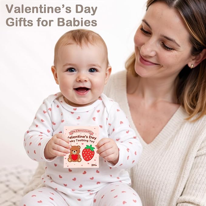Valentine’s Baby Teething Toys, Teddy Bear & Strawberry Silicone Teether for 3–12 Months, Textured Sensory Chewing Ring for Infants & Toddlers, Baby’s First Valentine’s Day Gift for Boys and Girls