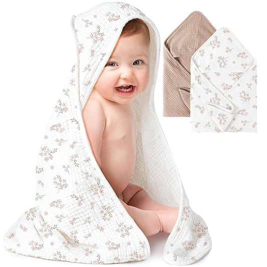 Konssy 2-Pack Muslin Hooded Baby Towels, 100% Cotton, Ultra-Soft & Absorbent Baby Bath Towels with Hood for Newborn & Infant (Taupe,Soft Blooms,32" x 32")