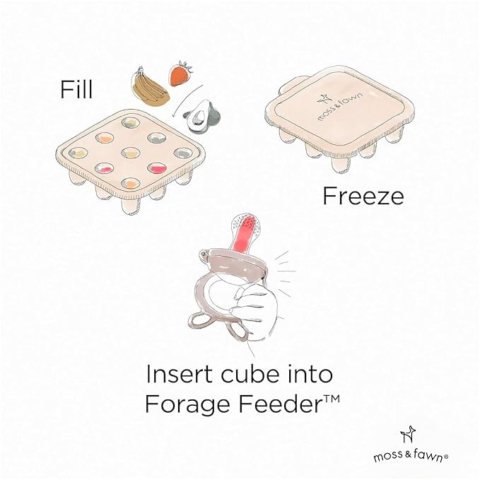 Moss and Fawn Baby's First Bites Bundle - Silicone Frozen Breast Milk Popsicle Kit with Forage Feeder & Teething Popsicle Ice Cube Tray - BPA, PVC, & Lead-Free - Ecru