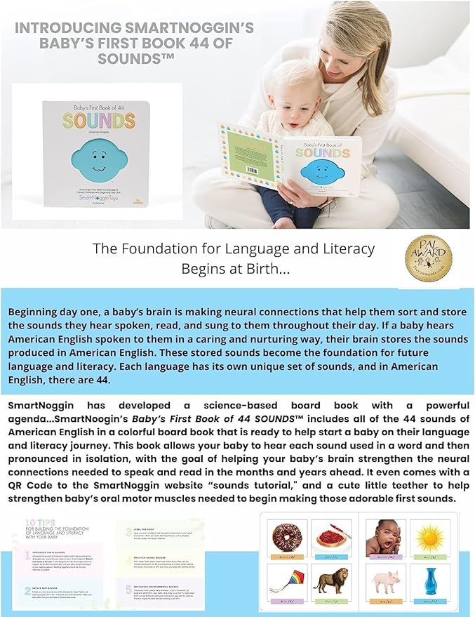 SmartNoggin Baby Developmental Milestones Set: NogginStik Developmental Light-Up Rattle and Baby’s First Book of 44 Sounds with Teether