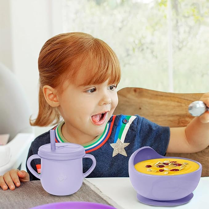 Dormlony 100% Silicone Baby Feeding Set,BPA Free Baby Dishes Set with Suction Bowl Divided Plate,Toddler Self Feeding Dish Set with Spoons Forks Sippy Cup and Bib, Baby Eating Utensils(Purple)