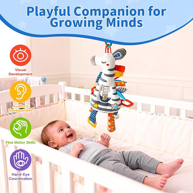 Baby Stroller Toy and Car Seat Toy for Infant with Teether Hanging Rattle Toys Clip on Stroller Toy Soft Plush Baby Toys for Boys and Girls 3-12 Months