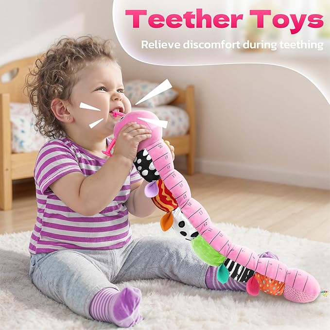 HEMRLY Baby Gifts Toys, Sensory Toy 0-6 Months, Musical Stuffed Caterpillar Plush with Soft Teether, Rattle for Tummy Time, Infant Car Seat Toy for 0-3-6-12 Month Boys Girls Gifts - Spotted Pink
