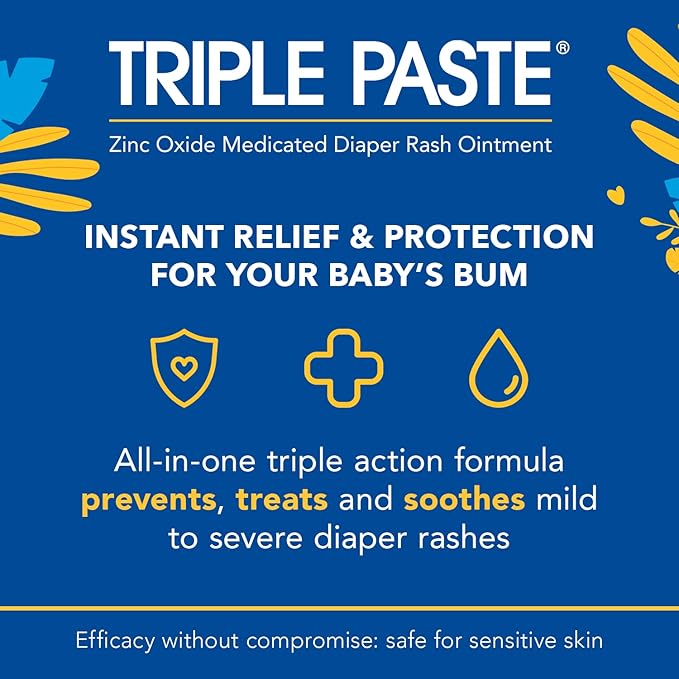 Triple Paste Diaper Rash Cream for Baby - 2 Oz Tube – Zinc Oxide Ointment Treats, Soothes & Prevents Diaper Rash, Pediatrician-Recommended Hypoallergenic Formula, Baby Essentials for Daily & Overnight