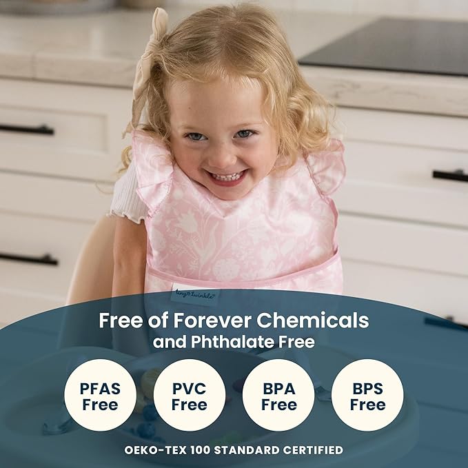 Tiny Twinkle Mess Proof Baby Bib for Girls | Waterproof Toddler Bib for Eating | Baby Apron for Feeding | Machine Washable | Perfect Shower Gift (Toile, 6–24M)