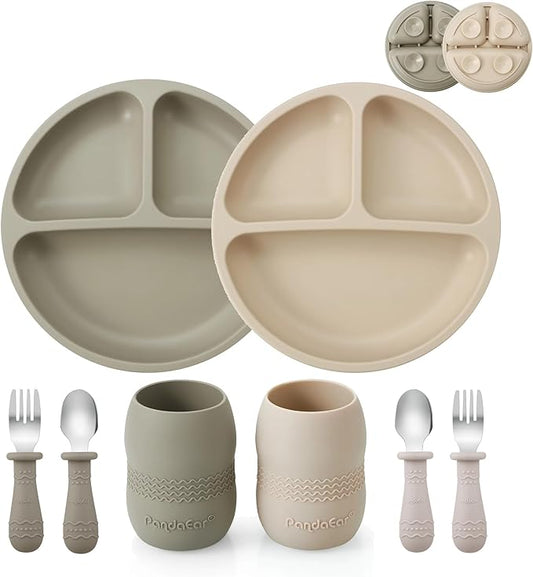 PandaEar Silicone Baby Feeding Set| 2 Pack Silicone Divided Suction Plate and 2 Pack Tiny Cup with 2 Spoons 2 Forks| Baby Led Weaning Supplies Self Feeding Eating Utensils (Silverware Set)