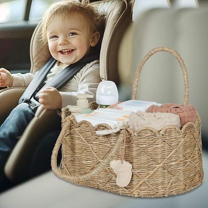 YANGQIHOME Diaper Caddy Organizer, Seagrass Nursery Baby Basket for Baby Essentials, Scalloped Wicker Diaper Caddy, Baby Shower Gifts (Diamond)
