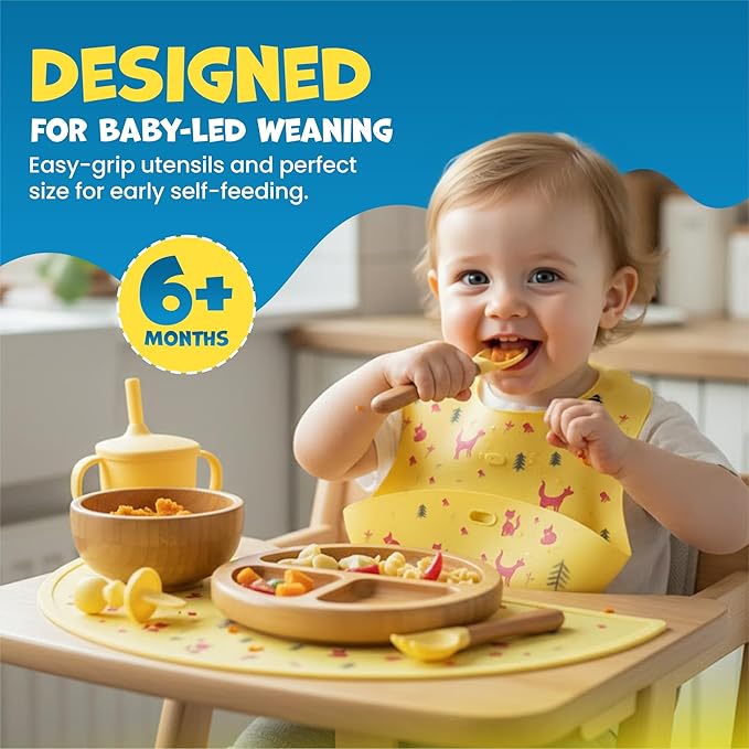 Bamboo & Silicone Baby Feeding Set 8 PCS | Baby Led Weaning Supplies Self Feeding | Divided Suction Plate Bowl Bib Sippy Cup with Straw Utensils Baby Bowls and Spoons Toddler Feeding Set (Yellow)