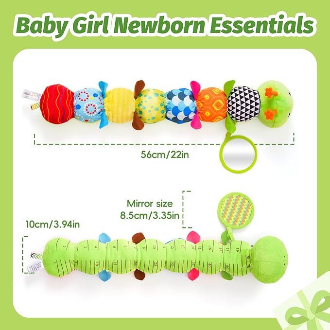 Baby Toys 0-6 Months, Musical Caterpillar Baby Rattle, Plush Sensory Toy with Mirror, Crinkle Textures, Newborn Developmental Tummy Time Stuffed Animal for Infants Boys Girls 6-12 Month (Green)