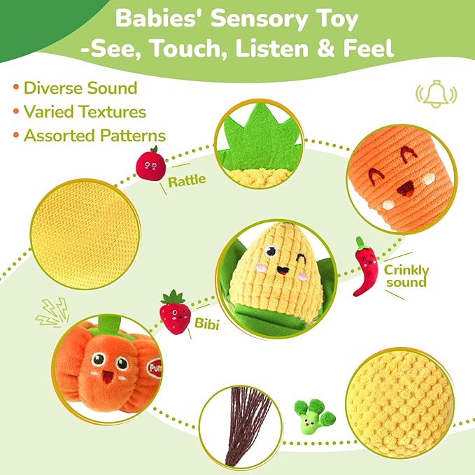 Baby Sensory Toys - Plush Color Sorting Fruit Veggie Baby Toys 6-12 Months, Pretend Play Food with Rattle Crinkle for Toddlers 1-3, Birthday Valentines Day Easter Gift for 1 Year Old Boys Girls