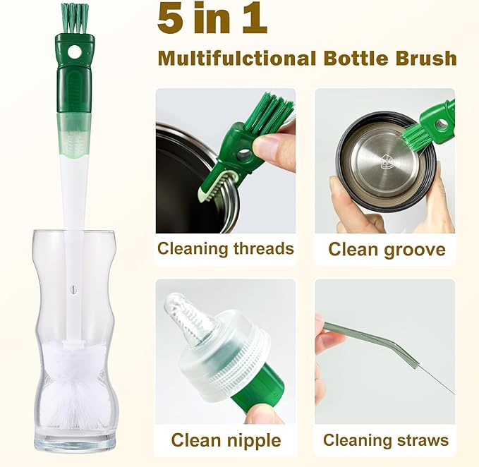 XYFuuee 5 Pack Dish Bottle Brush Set with 5-in-1 Cup Cleaning Brush, Dish Scrub Long Handle Brush with Scraper Tip, 3 Straw Cleaner Brushes for Stanley, Washing Kitchen Sink Pot Pan Water Bottle Stove
