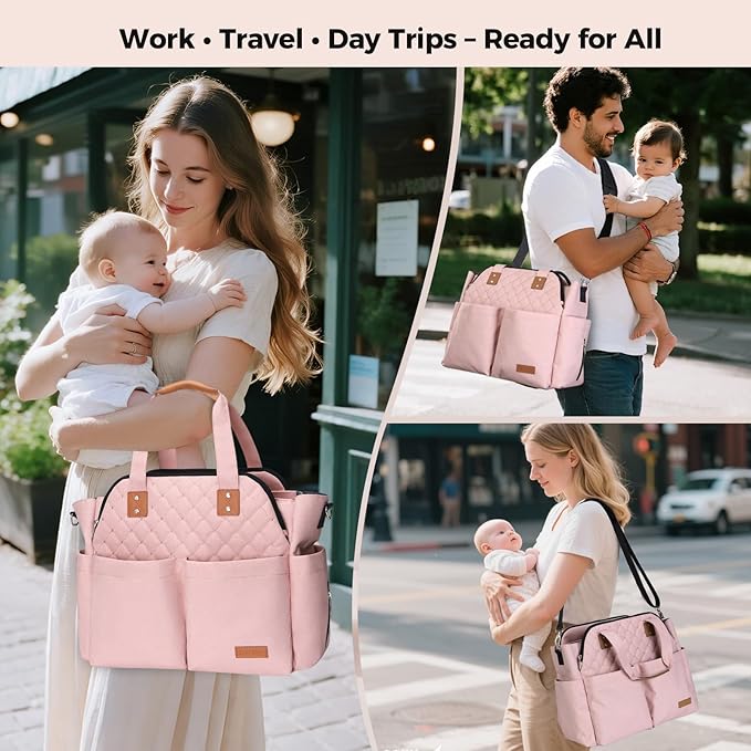 Lekebaby Diaper Bag Tote for Baby - 17 Pockets Large Travel Diaper Tote with Portable Changing Pad, Mom Crossbody Hospital Bag for Labor Delivery, Waterproof, Baby Essentials for Newborn Gifts, Pink