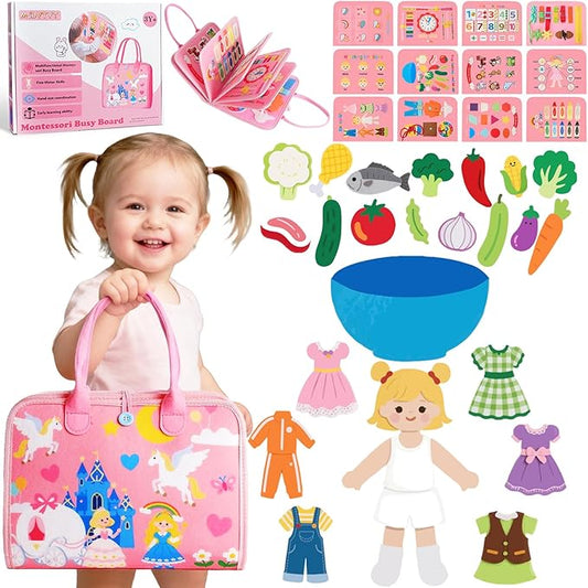 13-Page Baby Busy Book for Toddlers 1-3, Montessori Busy Board Toys for Toddlers 2 3 4 Year Old Boys & Girls, Educational Activities to Learn Fine Motor Skills, Portable Travel Toys for Airplane & Car