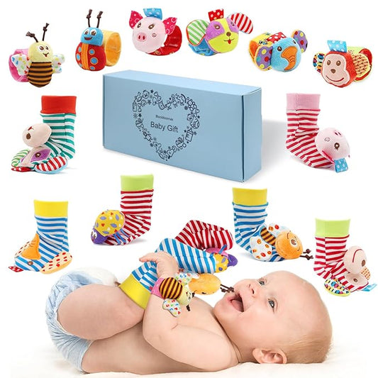 Bloobloomax Baby Soft Toy Foot Finder Socks Wrists Rattles - Ankle Leg Hand Arm Feet Rattle Toy Set- Newborn Present for Infant Toddler Boy Girl 0 3 6 9 12 24 36 Months
