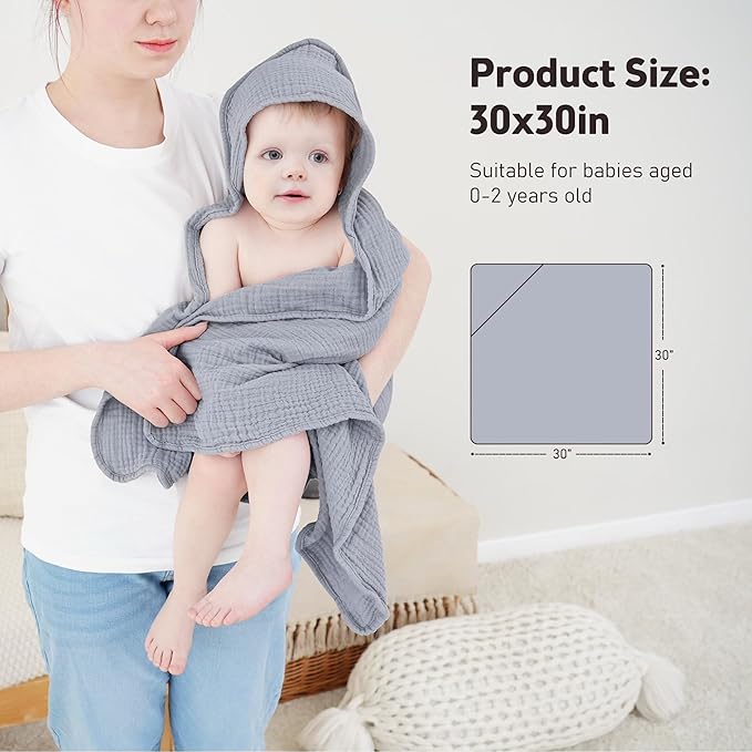 Susurration Hooded Baby Towels for Newborn 2 Pack 100% Muslin Cotton Towel for Babies，Highly Absorbent and Newborn Essential 30x30 Inch Gray&Blue