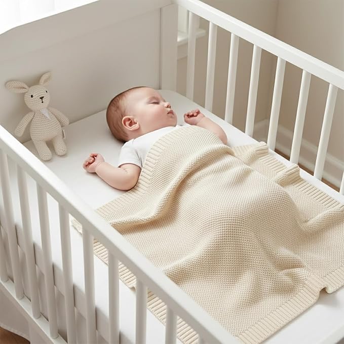 Grewear Baby Knit Blanket Soft Cotton Lightweight Newborn Blanket for Crib Stroller Toddler Nursery Shower Gift Cozy Breathable Travel Swaddle Wrap Cream 30 x 40 Inches