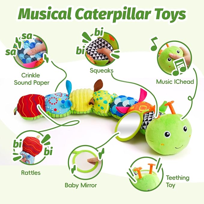 Baby Toys 0-6 Months, Musical Caterpillar Baby Rattle, Plush Sensory Toy with Mirror, Crinkle Textures, Newborn Developmental Tummy Time Stuffed Animal for Infants Boys Girls 6-12 Month (Green)