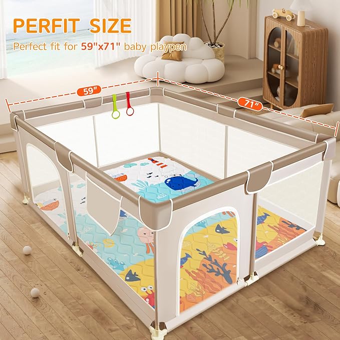 TreeBud Baby Play Mat - Thicken 71x59 Inch Soft Foam Crawling Mat for Playpen & Floor, Non-Slip Waterproof Playmats for Infants & Toddlers, Portable Foldable & Machine Washable, Ocean World