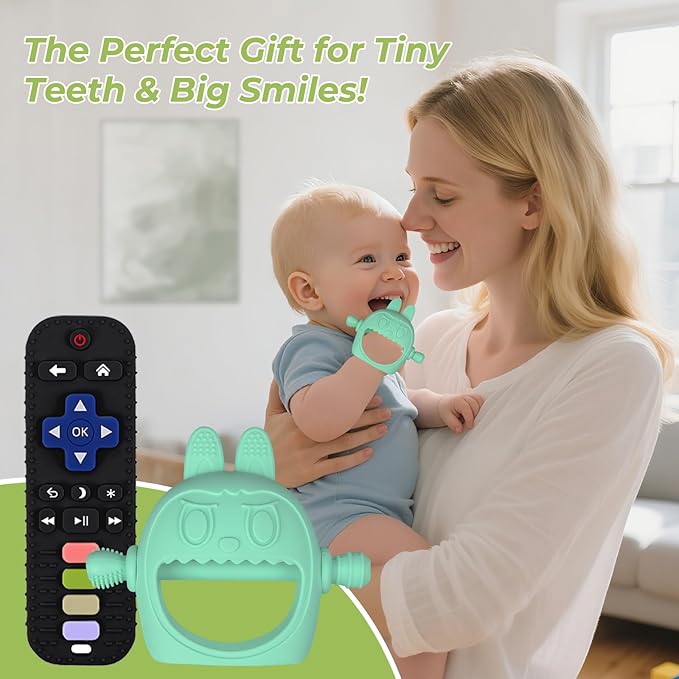 Teething Toys 3-18 Months Baby Teether Toy Toddler Remote Teether for Babies Silicone Hand Teether Mitten Control Remote Teething Glove Set, BPA Free