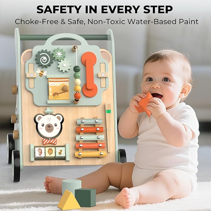 WOODMAM Wooden Baby Walker, Adjustable Speed Baby Push Walker for 1 Year Old, 10-in-1 Montessori Walker for Boys & Girls, Toddler Sit-to-Stand Learning Toy with Detachable Busy Board