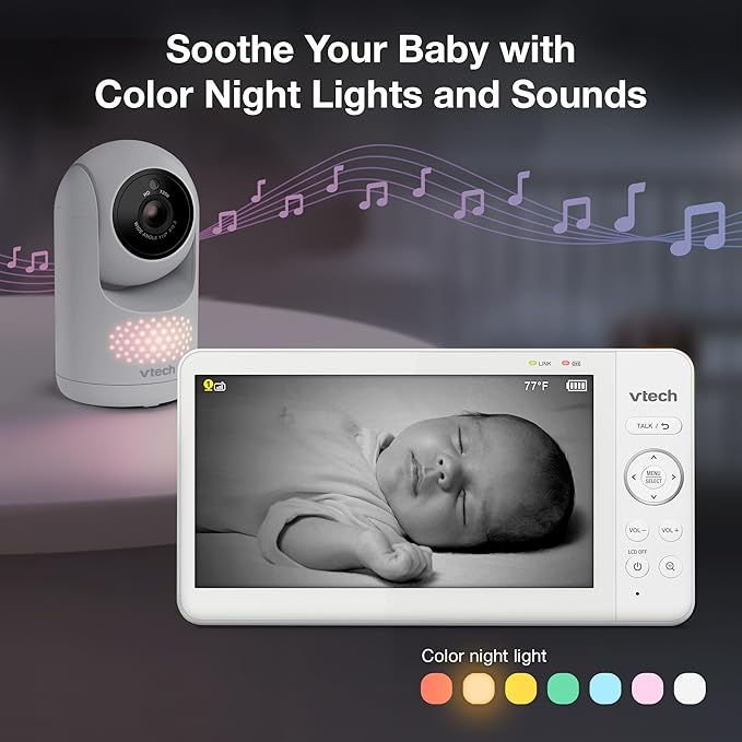 VTech 7" Baby Monitor with IPS Screen, Pan Tilt Zoom Camera, No WiFi Video Baby Monitor with Camera and Audio, Multi-Color Night Light, 2-Way Talk, Lullabies, Advanced HQ Max