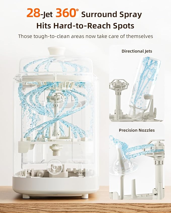 KISSBOBO Baby Bottle Washer, Sterilizer and Dryer 28 Nozzles with 360° Omni-Directional Spray, 72-Hour Clean Storage, Dual-Layer Adjustable Rack for Multiple Bottle Sizes with 60Pcs Detergent Tablets