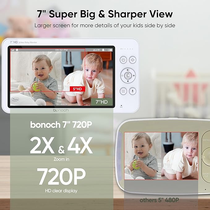 bonoch MegaView Baby Monitor with 2 Cameras, 7" 720P Split Screen Baby Monitor No WiFi, Video Monitor with Camera and Audio, 6000mAh, VOX Mode, 2 Way Audio, Remote PTZ, Night Vision, Gifts for Parents