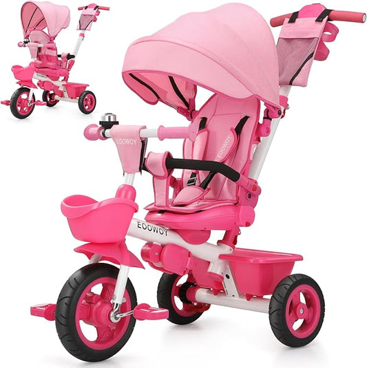 Toddler Tricycle with Push Handle, 7 in 1 Stroller Trike with 360° Swivel Seat, Reclining Backrest, All-Terrain Wheels, Dual Brakes, Canopy & Storage, Gift for Kids 18 Months to 5 Years, Pink
