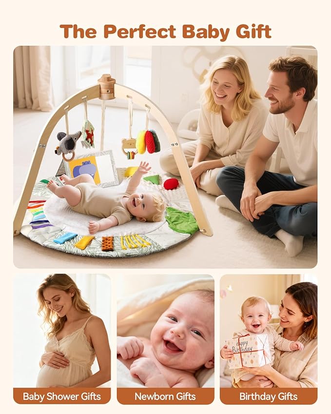 Macabaka Wooden Baby Play Gym & Tummy Time Playmat – Montessori Sensory Activity Mat with 6 Developmental Toys for Fine Motor Skills – for Newborns to Toddlers (0–12M+)
