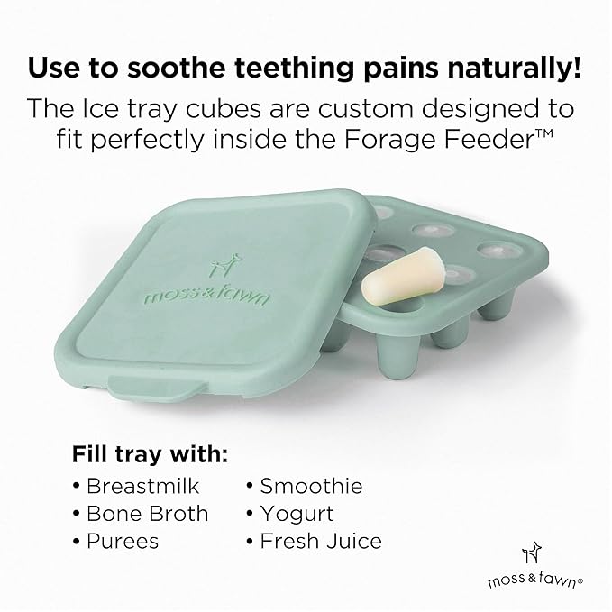 Moss and Fawn Baby's First Bites Bundle - Silicone Frozen Breast Milk Popsicle Kit with Forage Feeder & Teething Popsicle Ice Cube Tray - BPA, PVC, & Lead-Free - Fern