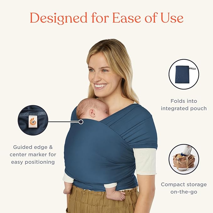 Ergobaby Sustainable Knit Aura Baby Carrier Wrap for Newborn to Toddler (8-25 lbs) - Comfortable, Ergonomic, & Ultra-Soft Newborn Wrap Carrier - One Size Fits Most - Rayon, Twilight Navy