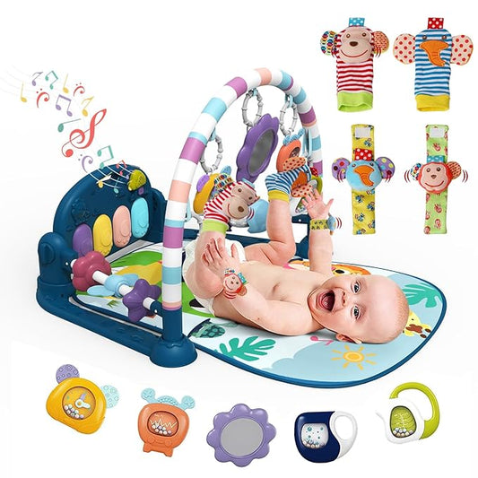 dearlomum Baby Play Mat Gym,Funny Play Piano Interactive Activity Mat with 5 Infant Sensory Toys & 4 Wrist Rattle Socks, Boy & Girl Gifts for Newborn 0 to 3 6 9 12 Months(Blue)