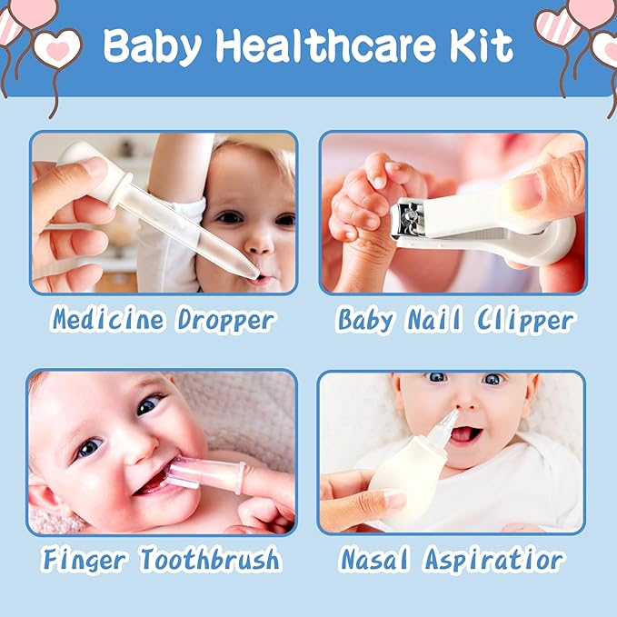Baby Healthcare and Grooming Kit, 14 in 1 Baby Safety Set Newborn Nursery Health Care Set with Hair Brush Scale Nail Clippers for Baby Girls Boys (14 Kits Grey White)