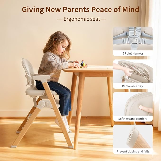 High Chair, Foldable High Chairs for Babies and Toddlers Ultra Safe for Infant or Adults Up to 150 Lbs, Easy Clean, Removable Tray/Adjustable Footrest for Baby Feeding HighChair, Cream