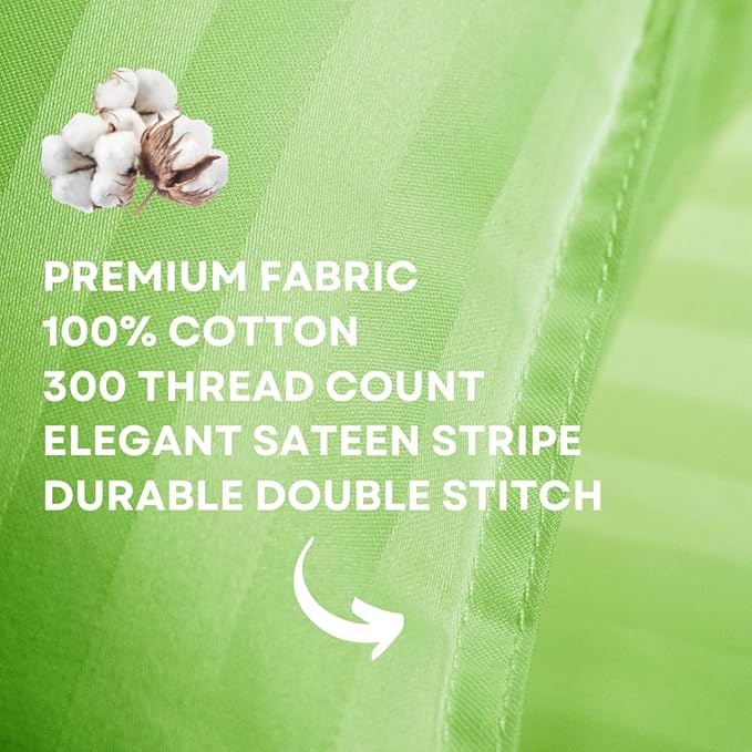 kinder Fluff Pre-Teen Pillows (2-Pack) 17x26in – Pillows for Kids Age 12+, 100% Cotton Sateen Stripes 300T, Down Alternative Fill, Machine Washable – Travel Cushions – Green – XL