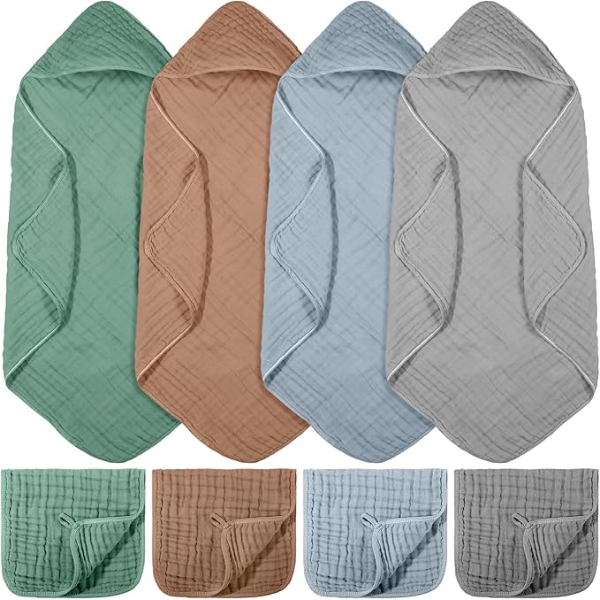VitalCozy 8 Pcs Baby Muslin Hooded Bath Towels and Washcloths Muslin Cotton Hooded Baby Towels Absorbent Blankets for Gift Newborn Infant Shower (32 x 32 Inch,Modern Style)