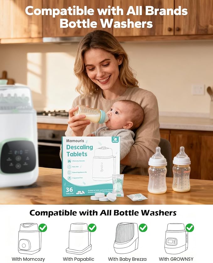 Descaling Tablets 36 Count: for Momcozy Baby Brezza Grownsy Papablic Bottle Washers, Detergent Washing Tablets for All Brands Baby Bottle Washer Machine Warmer Sterilizers Formula Maker