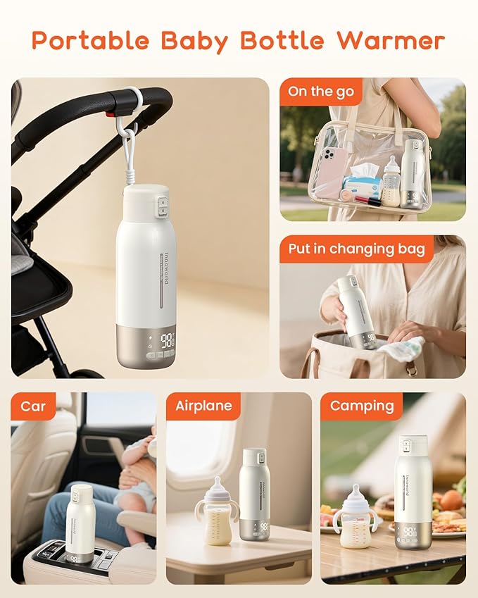 Portable Bottle Warmer for Travel, 20 oz Large Capacity Bottle Warmer On The Go, 10400mAh Long-Lasting Battery&Super Fast Charging in 2.5 Hours, Fast Heating for Breastmilk, Formula, Water