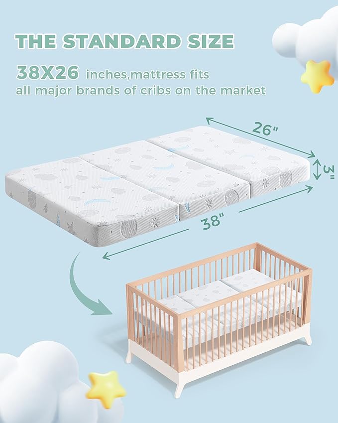 Trifold Pack and Play Mattress 38x26'' Breathable Soft Plush Memory Foam for Baby Toddler Travel Includes Carry Bag Removable Washable Cover Fits Play Pen Playard Pack n Play Mattress Pad