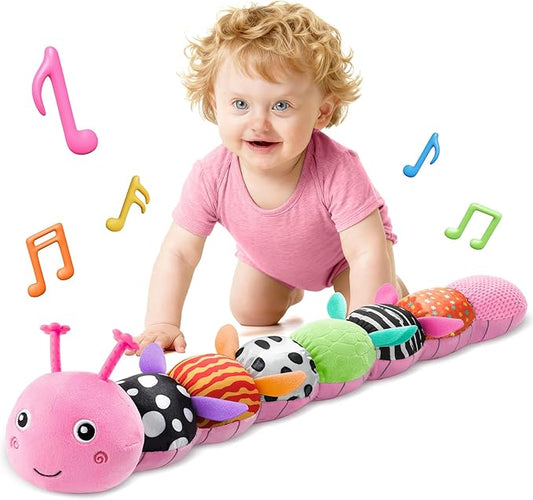 HEMRLY Baby Gifts Toys, Sensory Toy 0-6 Months, Musical Stuffed Caterpillar Plush with Soft Teether, Rattle for Tummy Time, Infant Car Seat Toy for 0-3-6-12 Month Boys Girls Gifts - Spotted Pink
