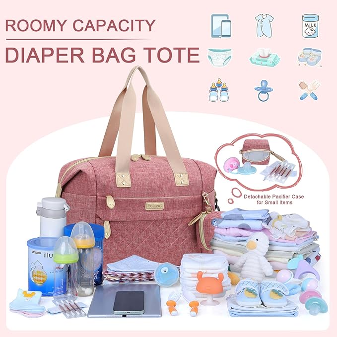 Diaper Bag Tote - Diaper Baby Bags with Pacifier Case, Shoulder Straps, Stroller Clips, Waterproof Large Mommy Bag Maternity Bag Travel Baby Bag for Mom and Dad, Pink