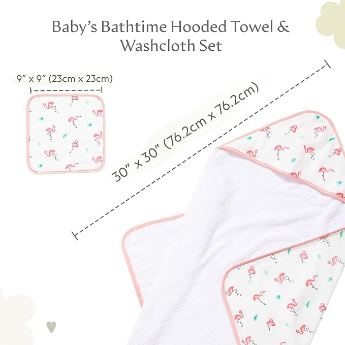 Bamboo Viscose Baby Hooded Towel & Washcloth Set for Babies and Toddlers, Soft & Absorbent, 70% Viscose from Bamboo, 30% Cotton Muslin - Imported (Flamingo)