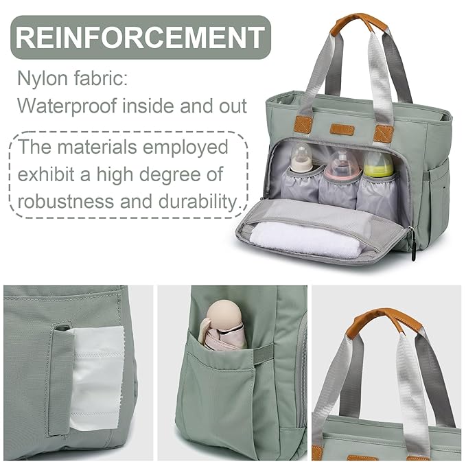 Diaper Bag Tote, Large Tote Diaper Bag with 16" Laptop Compartment, Baby Bag with Insulated Pocket for Mam and Dad, Ideal for Travel, Work (Morandi Grey) | Dual stroller hooks, Working Parents, 3 Insulated Pocket