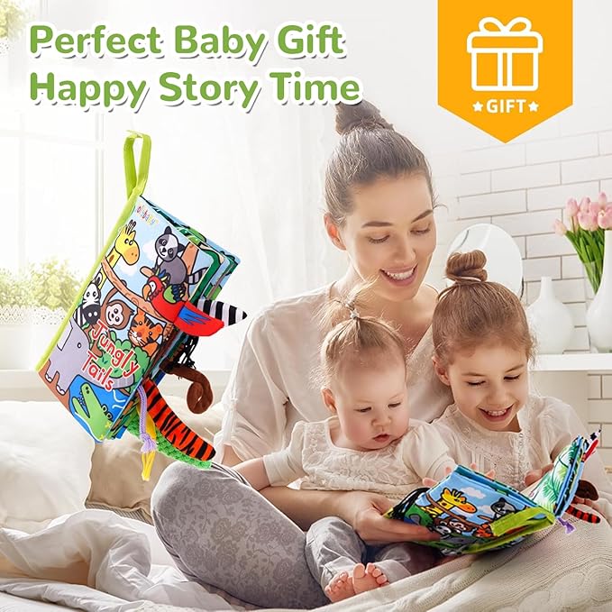 HECCEI Baby Cloth Books Soft Baby Book 0-6 Months Crinkle Books with Jungle Tails Touch and Feel Sensory Toys for Infant Tummy Time for 3 Months+ Easter Basket Stuffers
