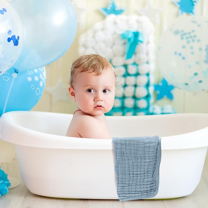 VitalCozy 6 Pcs Baby Muslin Hooded Bath Towels and Washcloths Muslin Cotton Hooded Baby Towels Absorbent Blankets for Gift Newborn Infant Shower (32 x 32 Inch,Mint Blue,Sky Blue)